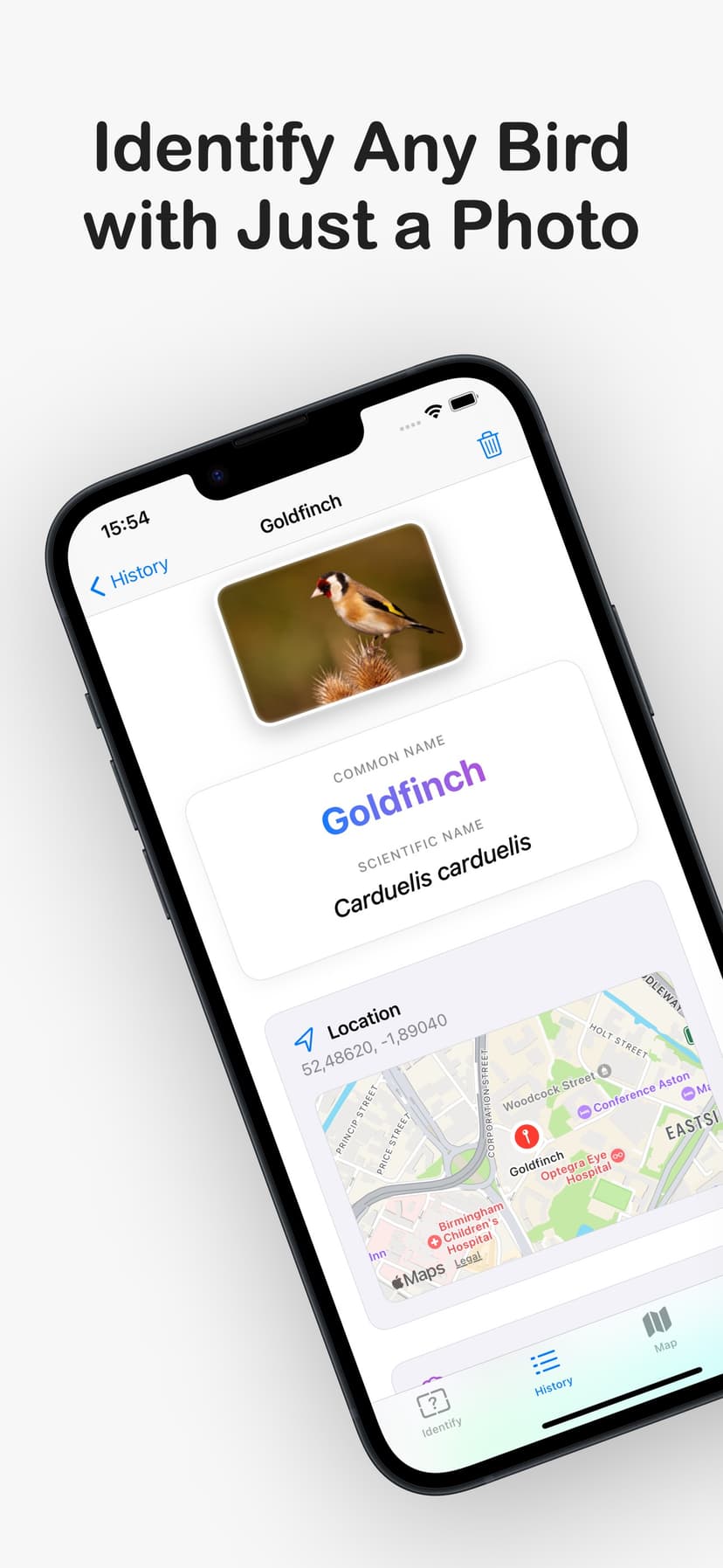 BirdSnap app main interface showing bird identification